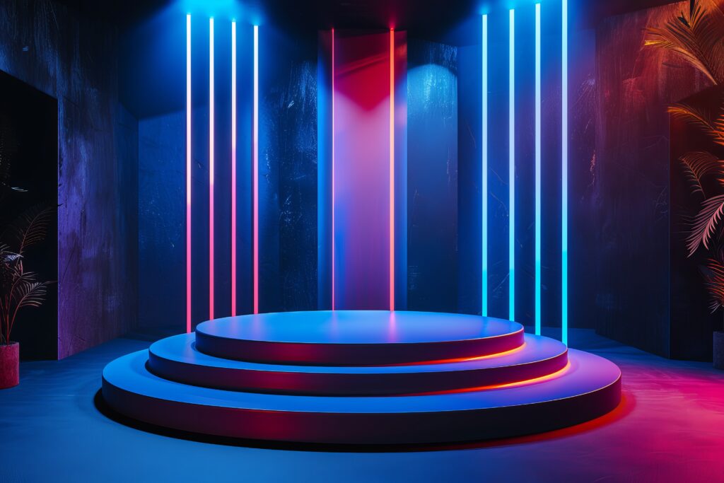 A vibrant futuristic multi-level stage design with neon lights