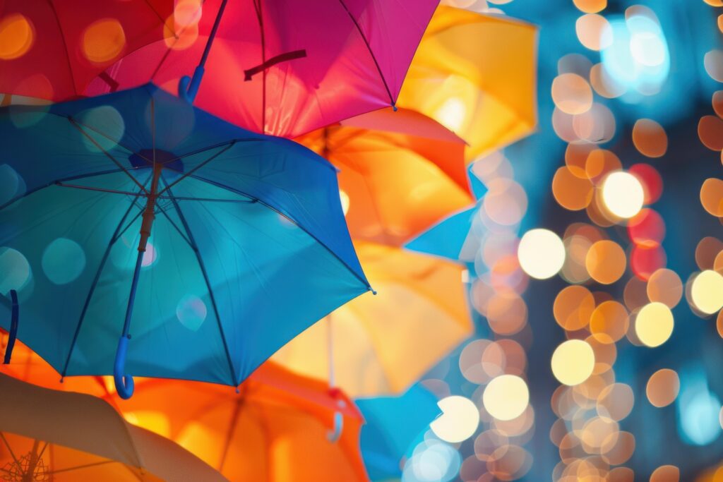 Vibrant umbrellas backdrop for event stage