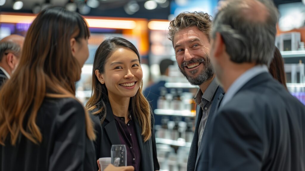 happy business people at a busy trade show booth