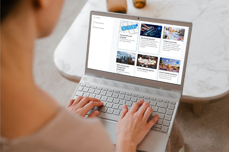 An event planner browses through vendor categories that are searchable through Cvent Vendor Marketplace.