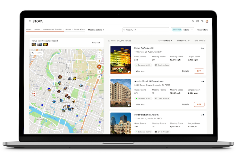 A computer screen displays Stova's venue sourcing software, with a map of potential venues on the left side and hotel thumbnails on the right hand side, with key details about room numbers, meeting rooms, meeting space, and the square footage of the largest meeting room.