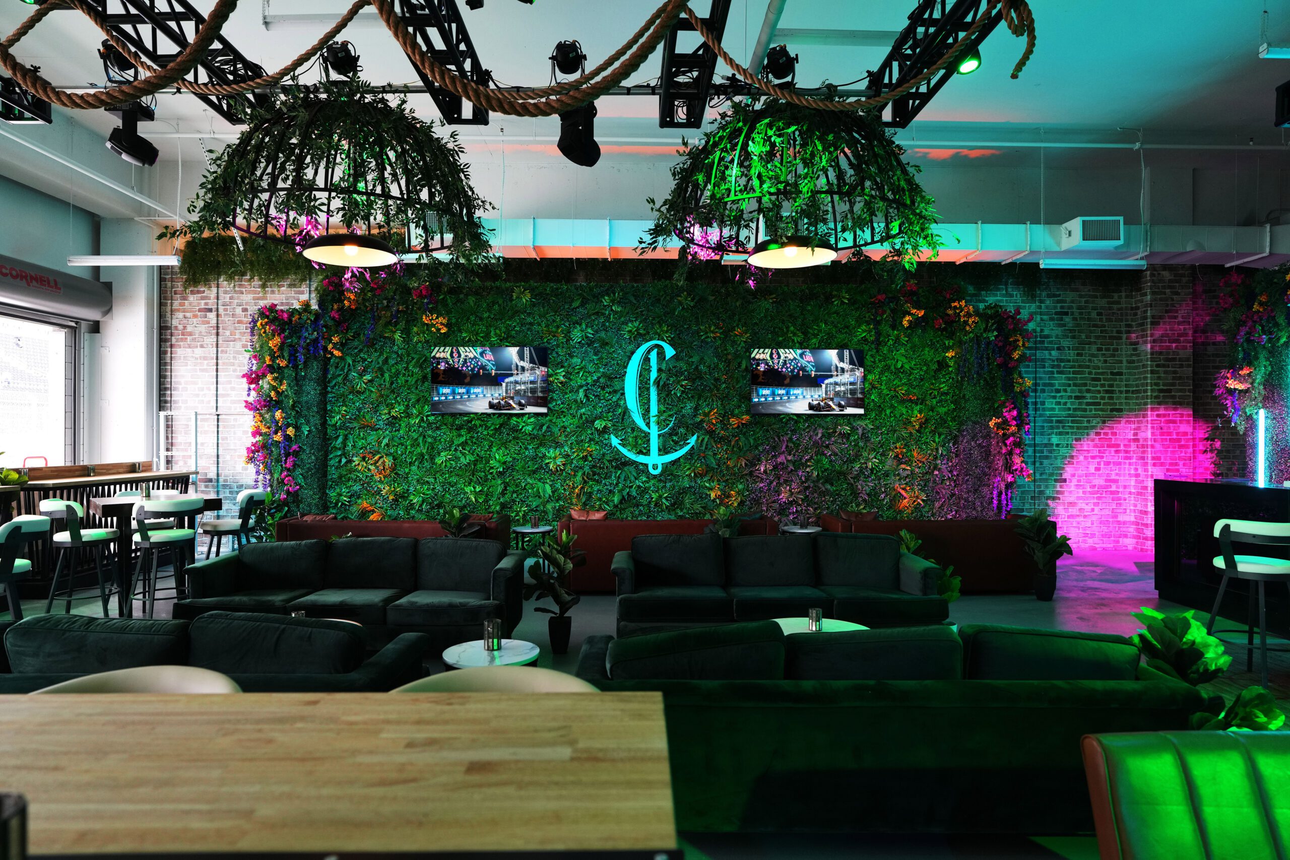 Inside look at a garage outfitted as a restaurant.