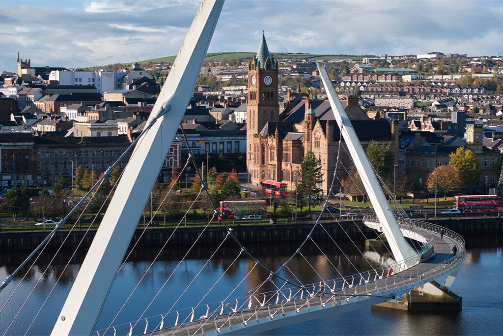 An aerial view of Peace Bridge in Derry-Londonderry, Northern Ireland.