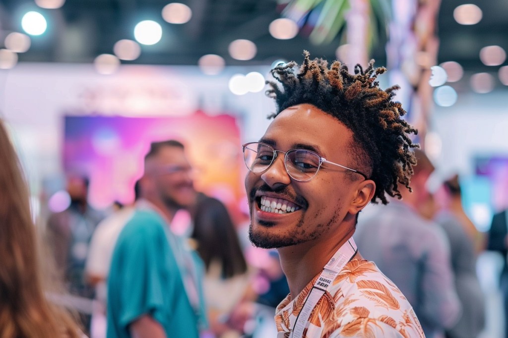 Smiling people at trade show booth.