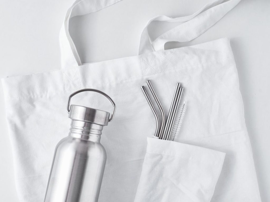 Tote bag, straws, water bottle