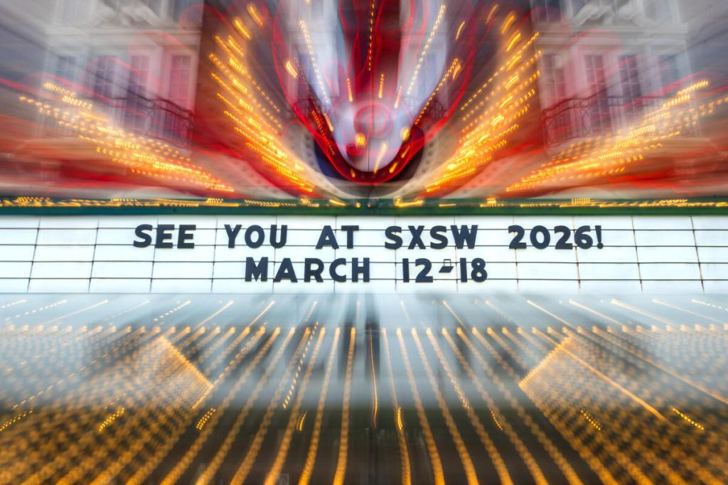 Old-fashioned cinema or theater billboard with the words "See you at SXSW 2026! March 12–18"